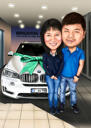 Caricatură colorată a cuplului cu vehicul și fundal personalizat