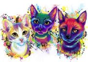 Akvarel Katte Portrættegning i Pastelfarver fra Fotos