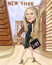 وقت التسوق - امرأة تحمل حقائب كاريكاتورية من الصور على خلفية مخصصة