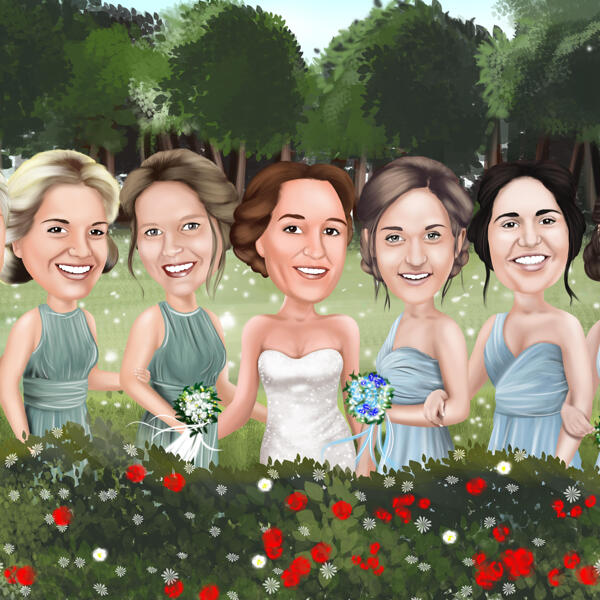 Līgavas māsu karikatūra pieskaņotās kleitās