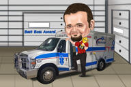 Ambulanssityöntekijän karikatyyri värilliseen tyyliin