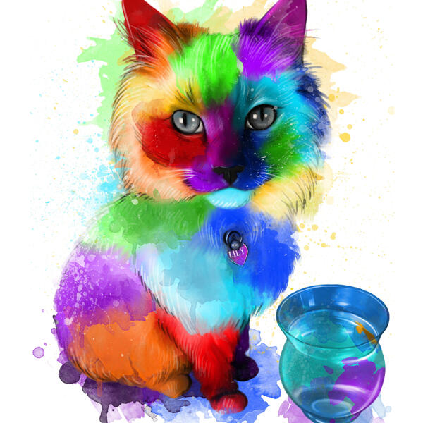 Akvarel celotělový portrét kočky ručně kreslený z fotografie