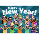 Divertente disegno personalizzato del fumetto del gruppo di felice anno nuovo per la festa dell'ufficio aziendale
