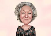 Iloinen nainen karikatyyri muotokuva vaaleanpunaisella taustalla piirretty valokuvista