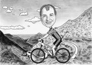 Caricatura del ciclista in stile esagerato in bianco e nero su sfondo personalizzato