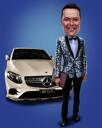 Person i Mercedes-bil som farvet karikaturgave med brugerdefineret baggrund fra fotos