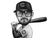 Caricature de joueur de baseball en noir et blanc