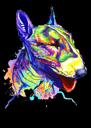 Ritratto di caricatura di Rainbow Bull Terrier dell'acquerello su sfondo nero