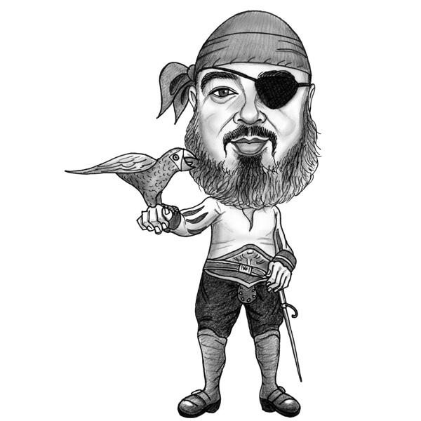 Portrait de caricature de pirate en noir et blanc, style complet du corps