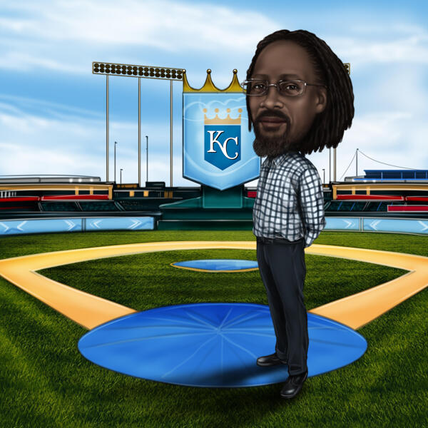 Baseballtrainer-Karikatur im Farbstil auf Stadionhintergrund vom Foto