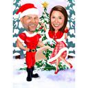 Kış Arkaplanlı Noel Çift Karikatürü