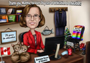 Žena s domácími mazlíčky přehnaná karikatura v barevném digitálním stylu s vlastním pozadím