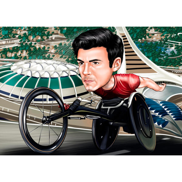 Caricatura di atleta para-sportivo Disegno da foto con sfondo personalizzato