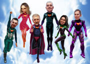 Karikatura skupiny superhrdinů na obloze