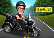 Caricature de pilote de moto avec fond coloré