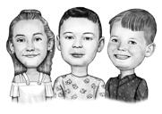 Caricature de groupe de classe en noir et blanc : enfants avec dessin de l'enseignant