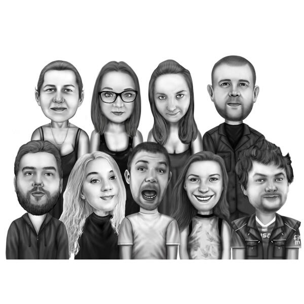 Velká rodinná skupinová karikatura v černobílém stylu