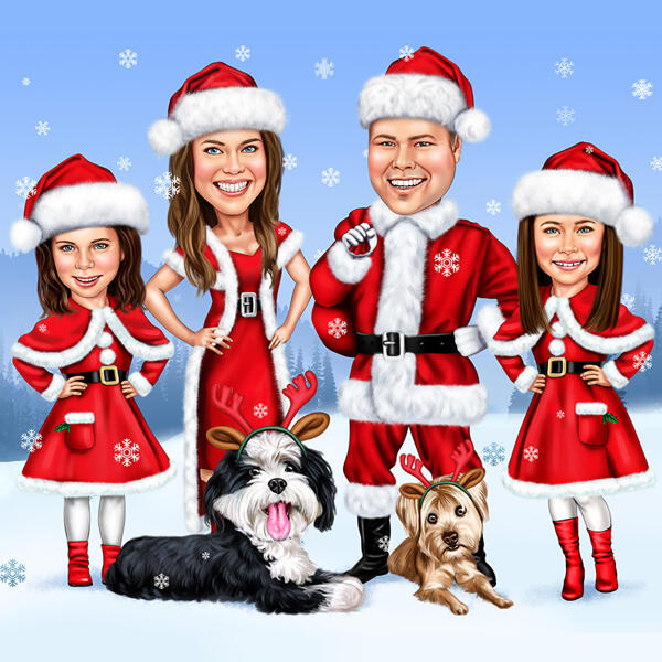 Christmas Santa Family with Pets Caricature