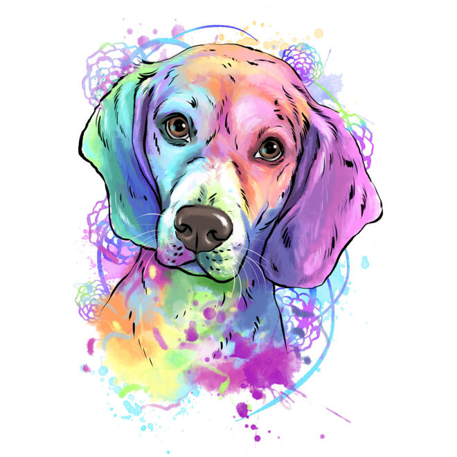 Beagleporträtt i mild pastellfärgad akvarellstil ritad från foto