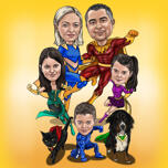 Superhrdinská rodinná karikatura s domácími mazlíčky