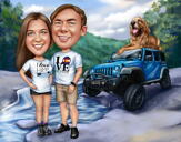 زوجين كاريكاتير في سيارة فائدة رياضية مع خلفية مخصصة