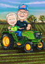 Casal de fazendeiros personalizados em um desenho animado de trator tirando fotos em estilo colorido