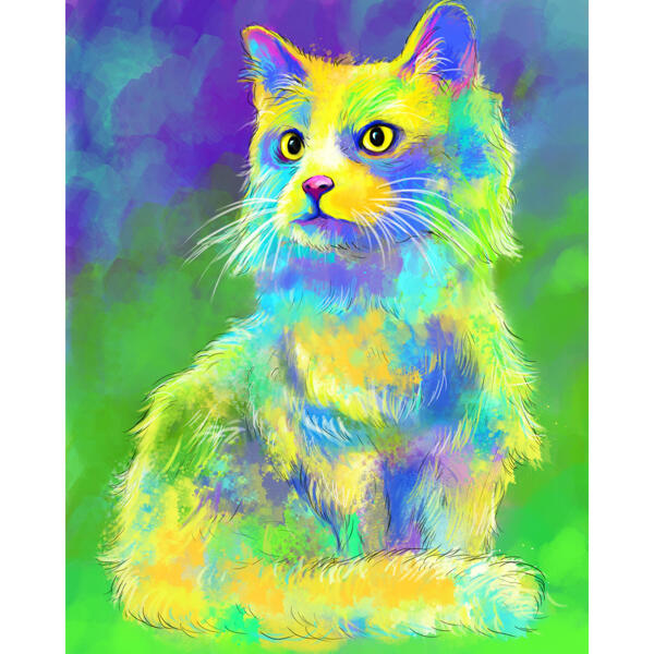 Akvarell kattflicka tecknad porträtt från foto i helkroppstyp med färgad bakgrund