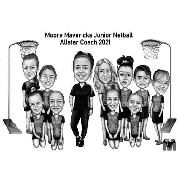 Caricatura della squadra sportiva di basket a corpo intero in stile bianco e nero da foto