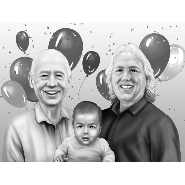 Drie generatie portret cadeau voor verjaardag in zwart-wit stijl