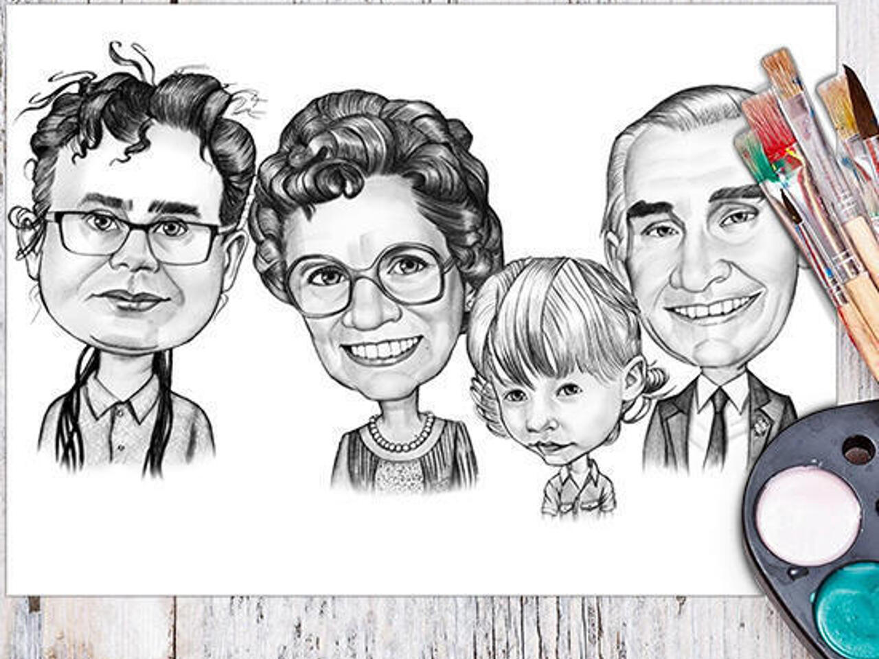 Ritratto di cartone animato di famiglia in stile bianco e nero da foto