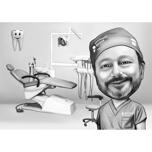 Caricatura de dentista en blanco y negro con fondo
