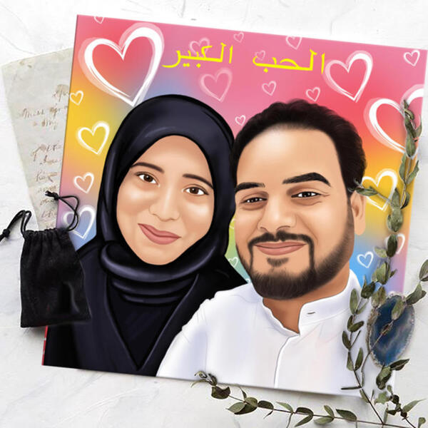 Caricature for Couple with Hearts Background on Canvas Print