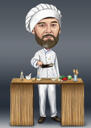 Ēdienu gatavošanas karikatūra: cilvēks ar traukiem