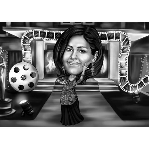 Intialainen Bollywood-elokuva karikatyyri mustavalkoisessa tyylissä mukautetulla taustalla