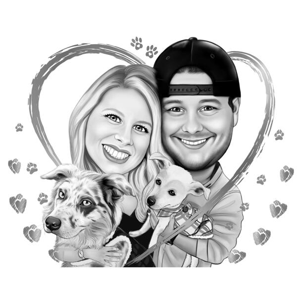 Couple with Pet Caricature Portrait