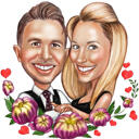 Forlovelseskarikatur med blomsterdekorationer til jubilæumsgave