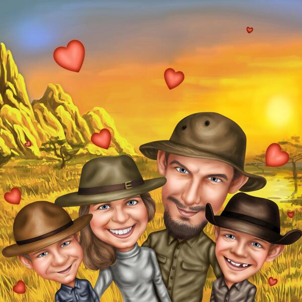 Caricatura della famiglia Safari dalle foto: ritratto di famiglia personalizzato