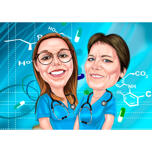 Kollegor sjuksköterska tecknad serieteckning med anpassad bakgrund från foton
