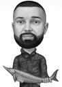 Siyah beyaz stilde balık karikatür portre hediye olan adam
