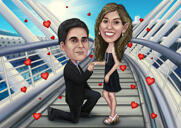 Überglückliche Paar-Verlobungs-Karikatur auf benutzerdefiniertem Hintergrund von Fotos