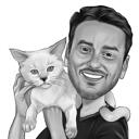 Muž s Cat Cartoon karikatura dárek v černé a bílé stylu z fotografie