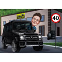 Caricature d'une personne dans une Mercedes comme cadeau personnalisé