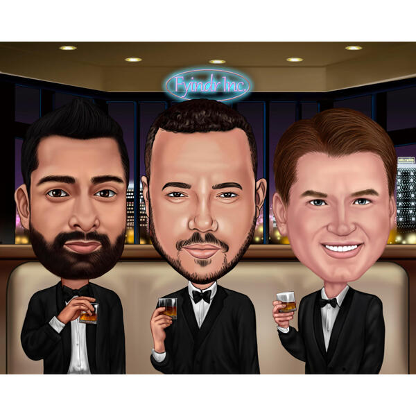 Caricatura del ristorante: gruppo di uomini d'affari con whisky