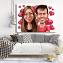 رسم كاريكاتوري للزوجين مع خلفية قلوب على قماش مطبوع