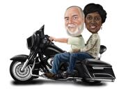 زوجان يسافران بدراجة نارية كاريكاتير ملون مع خلفية مخصصة