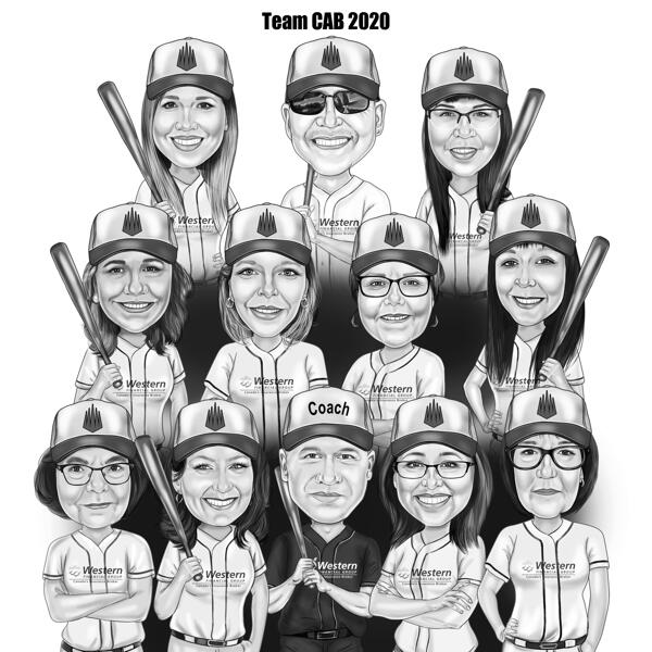 Beisbola komandas karikatūra melnbaltā stilā
