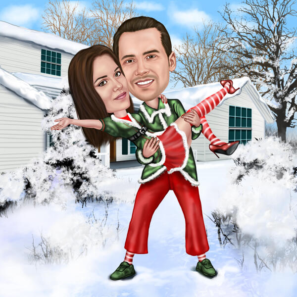 Couple Winter Caricature in Color Style with Custom Background