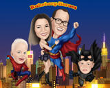 Farbige Karikaturmalerei der Superhelden-Familie mit New-York-Hintergrund von den Fotos