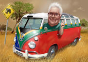 Fumetto di caricatura di Busman con sfondo personalizzato per il miglior regalo di autista di autobus