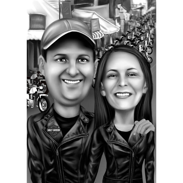 Caricature de couple sur le thème de Harley Davidson dans un style noir et blanc